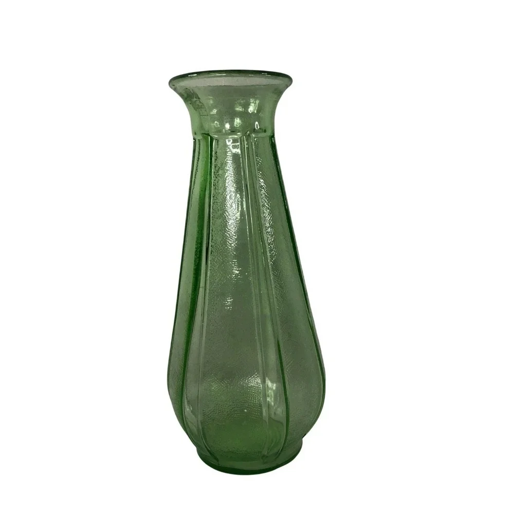 Vintage Green Ribbed Uranium Glass Vase Textured Stippled Art Deco Style Decor